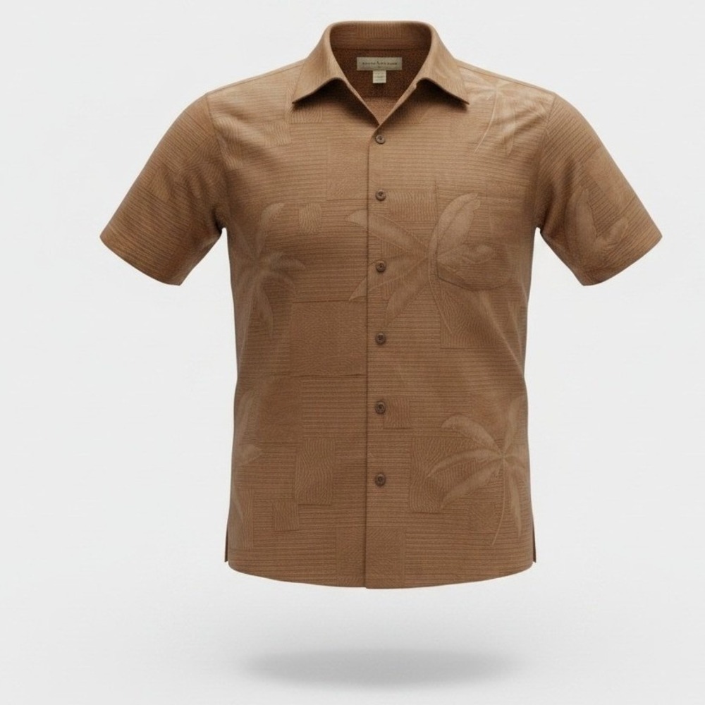 Tommy Bahama Button Up Men Medium Brown‎ SILK Palm Tree Jacquard Camp Shirt